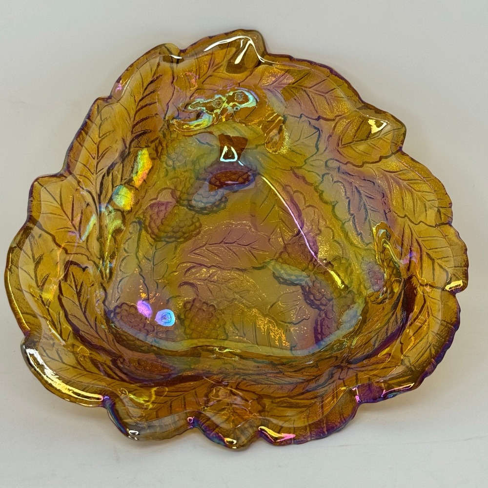 Vintage Amber Carnival Glass Triangle Leaf Berry Candy Dish Bowl‎ Shimmer Retro